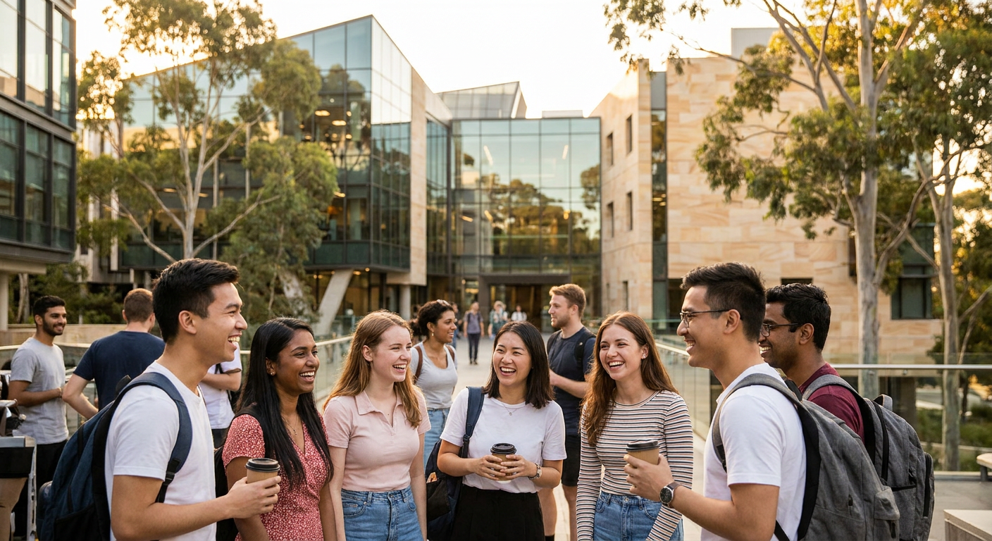 Estudantes internacionais desfrutando da vida universitária na Austrália, um sonho que a assessoria ajuda a concretizar.