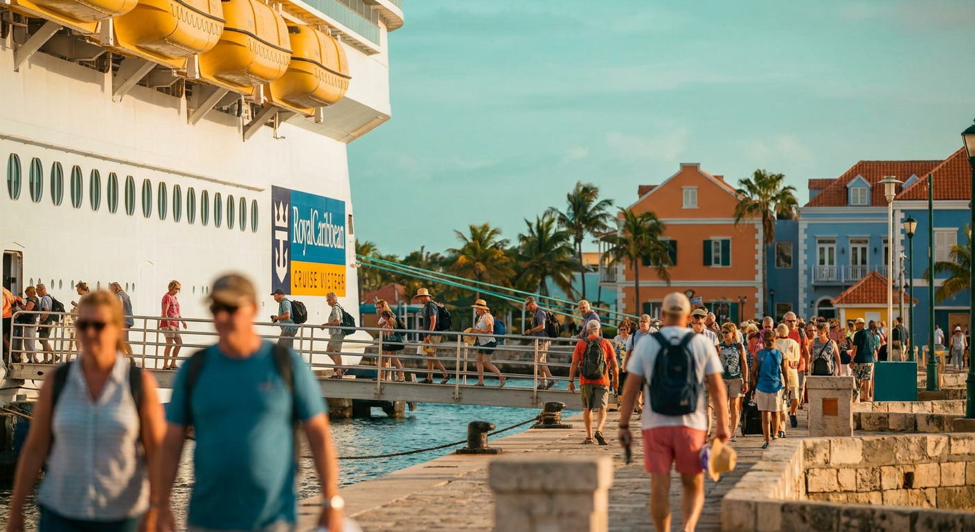 Um navio da Royal Caribbean atracado em um vibrante porto caribenho, pronto para a exploração dos passageiros.