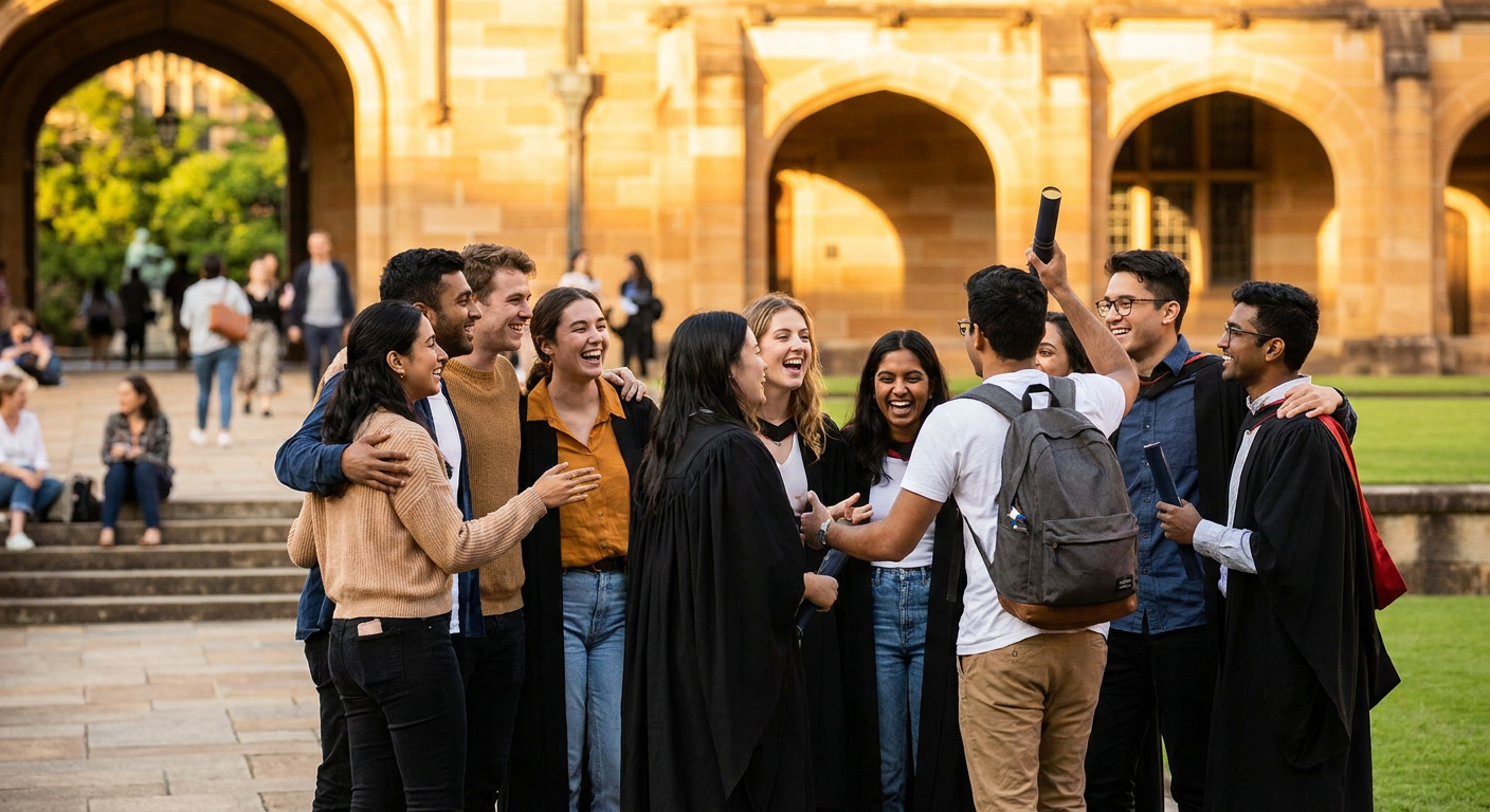 Estudantes internacionais desfrutando da vida universitária na Austrália, um sonho acessível com o visto certo.