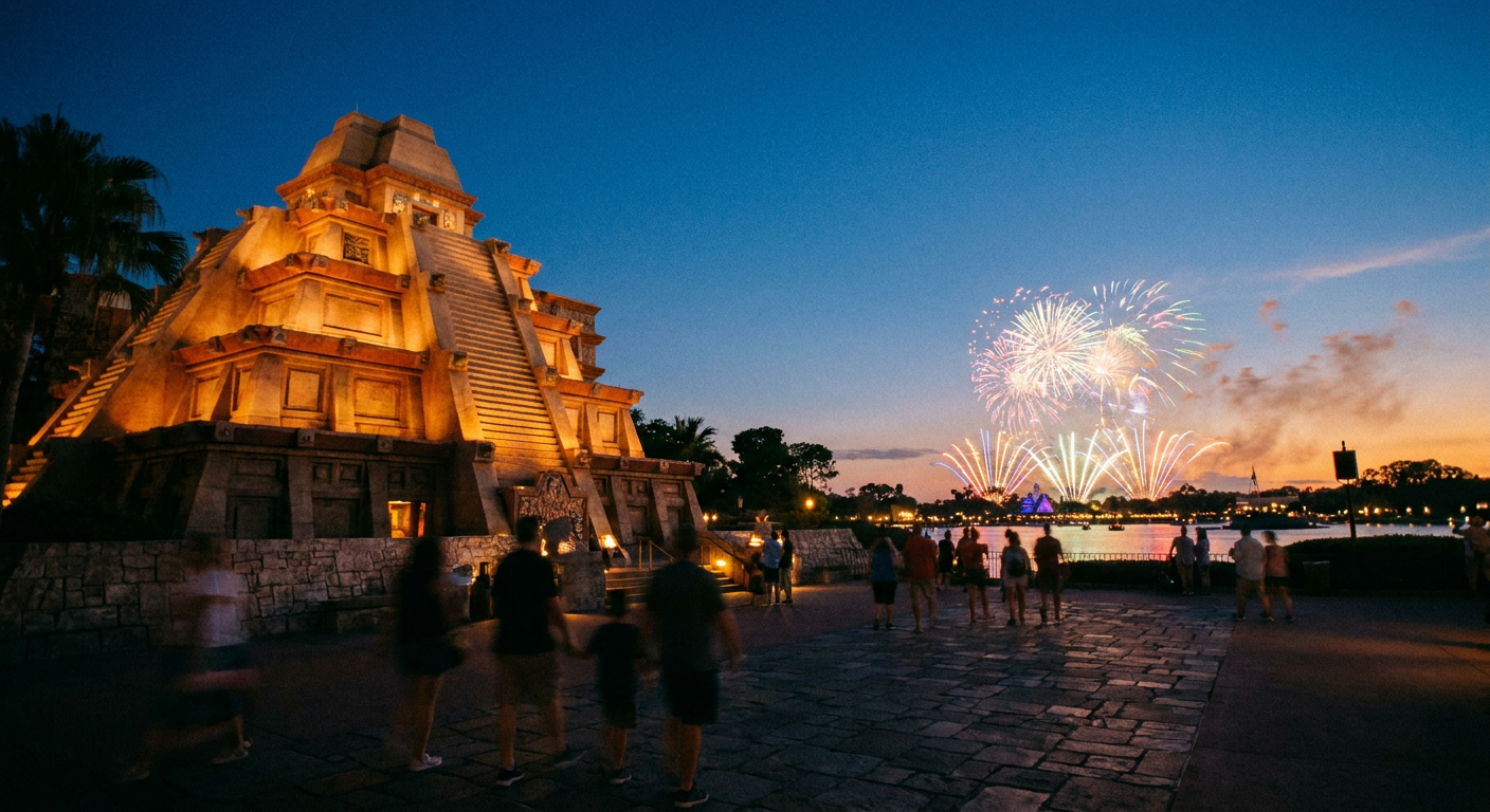 A pirâmide iluminada do pavilhão do México no Epcot à noite, um espetáculo de luz e cultura.