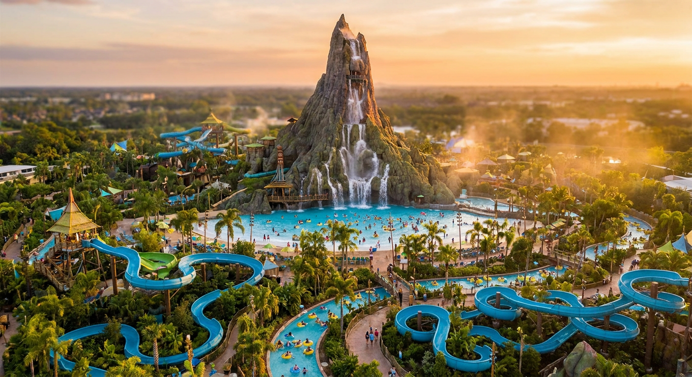 Krakatau, o vulcão ícone de Volcano Bay, atrai aventureiros e oferece vistas espetaculares.