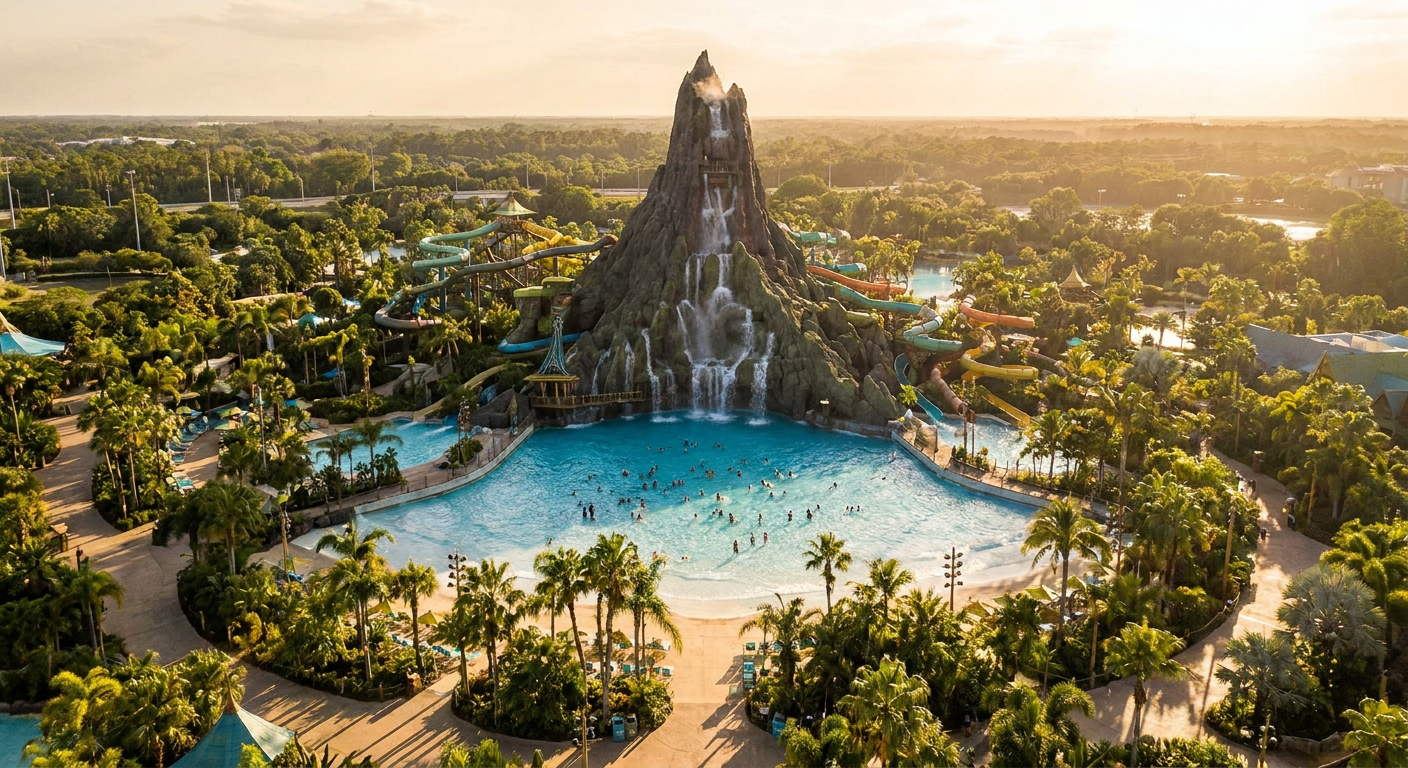 O imponente vulcão Krakatau, símbolo do Universal Volcano Bay.