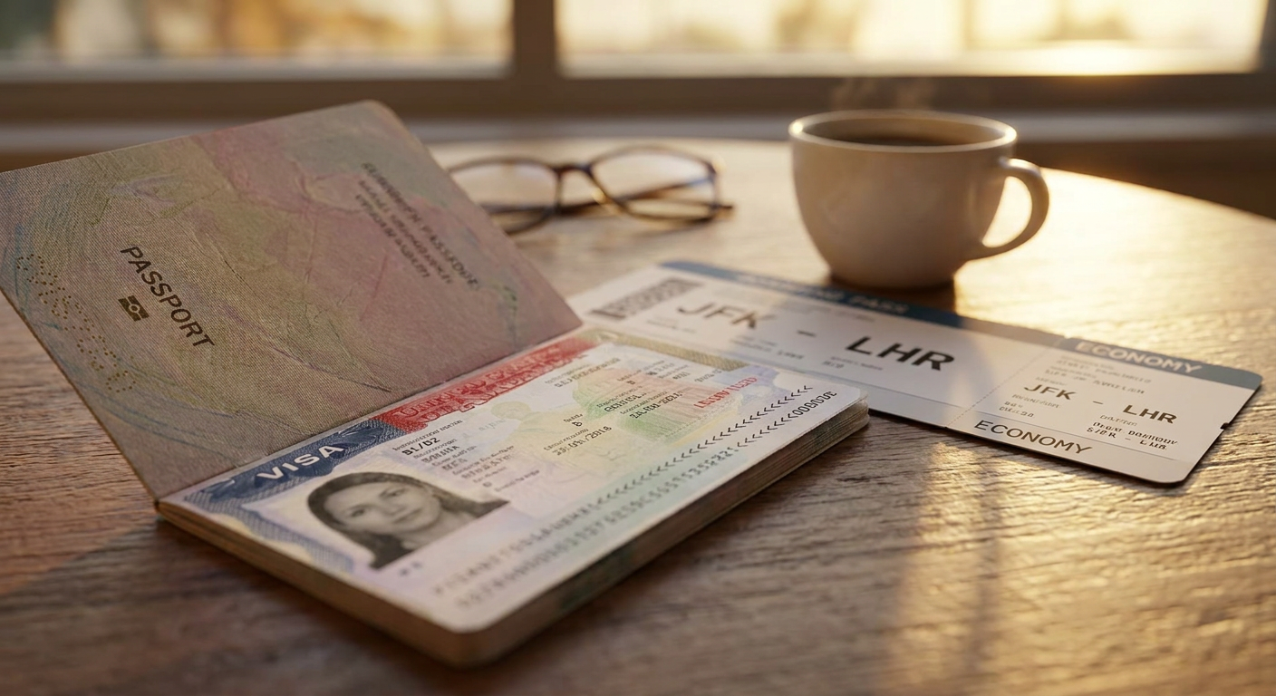 A folha do visto americano dentro do passaporte, pronta para a viagem.