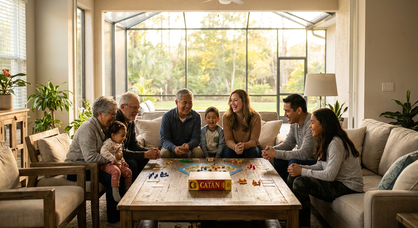 Família grande reunida na sala de estar, aproveitando momentos de lazer.