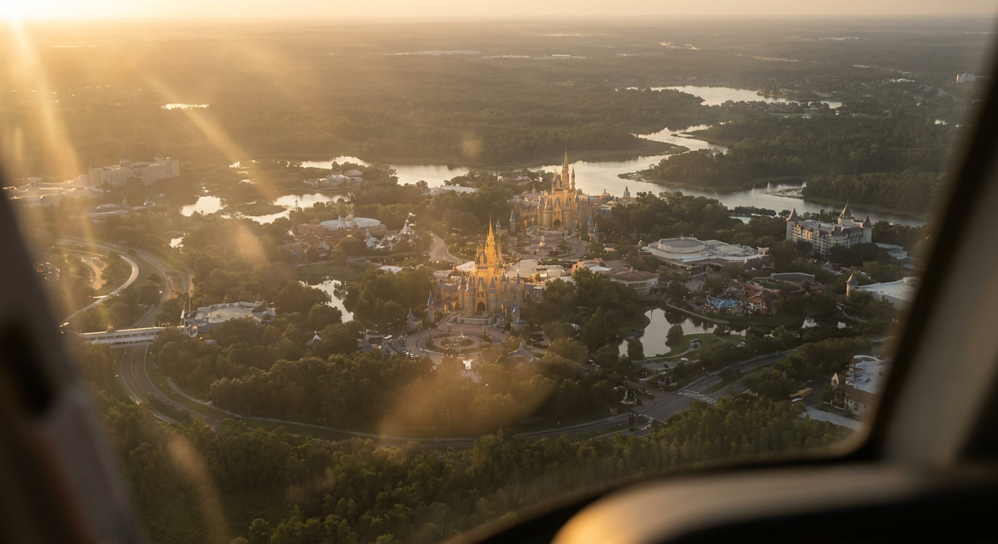 A vastidão do Walt Disney World em Orlando, com seus múltiplos parques e resorts.