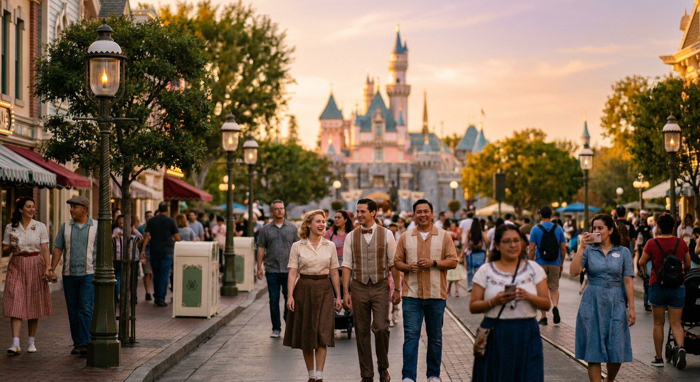 A clássica Main Street U.S.A. da Disneyland, com o Castelo da Bela Adormecida ao fundo.