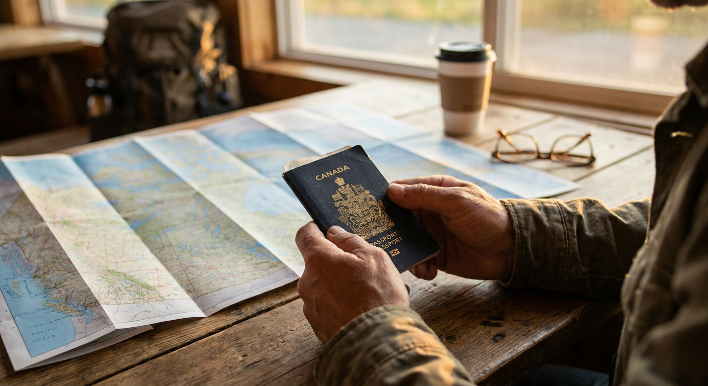 Um passaporte canadense e um mapa de viagem simbolizando a jornada que se inicia.