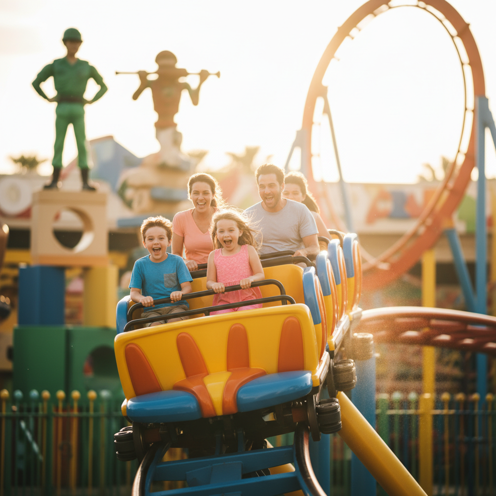 Família se divertindo na Slinky Dog Dash, uma das atrações mais populares do Hollywood Studios e incluídas no Genie+.