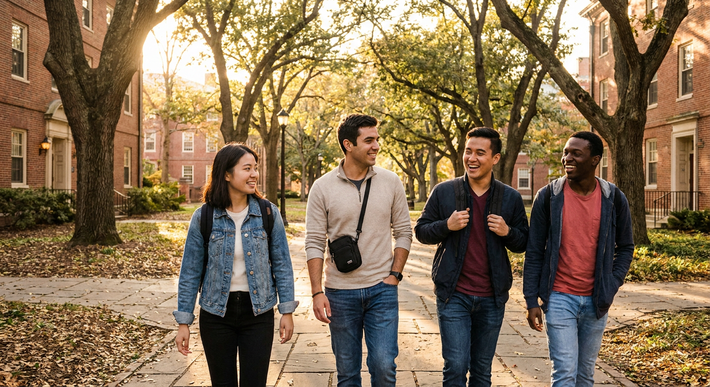Estudantes em um campus universitário americano, prontos para explorar novos horizontes acadêmicos.
