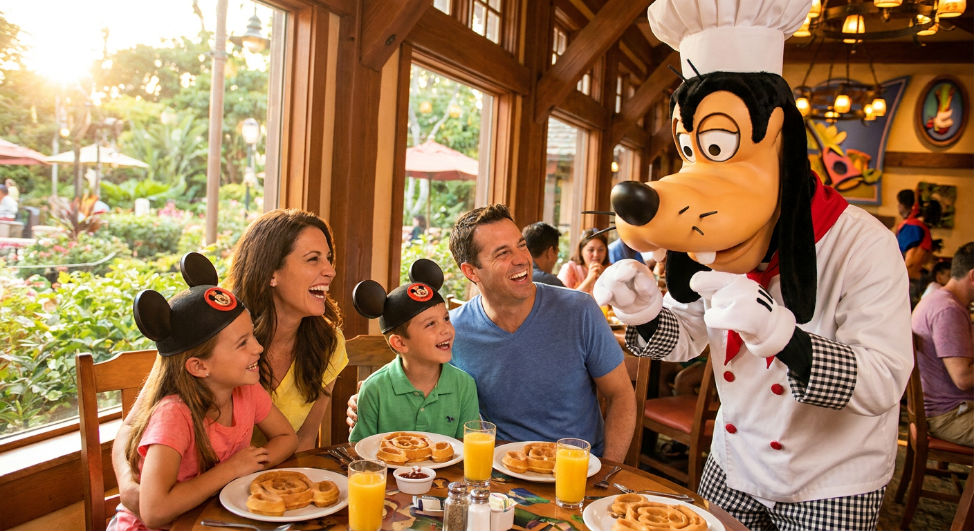 Café da manhã com personagens em um dos hotéis temáticos da Disney.