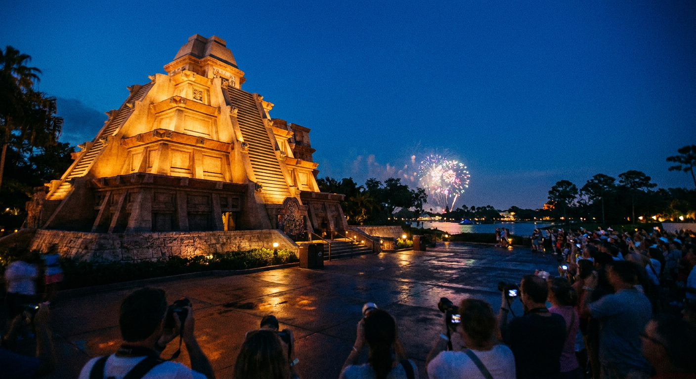 A pirâmide iluminada do pavilhão do México no Epcot à noite, um espetáculo de luz e cultura.
