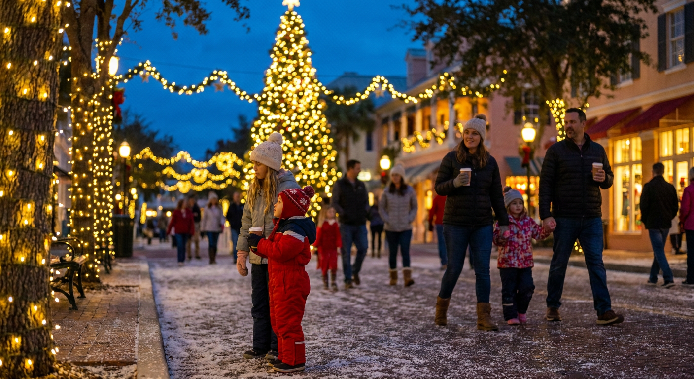 Aconchegante Celebration, Florida, durante sua nevasca artificial de Natal.