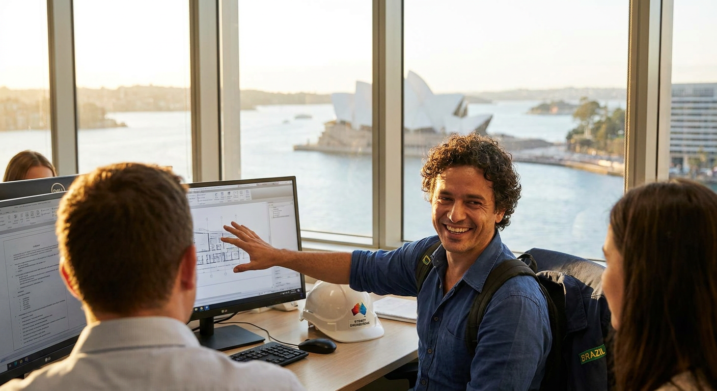 Carlos em seu dia a dia de trabalho em Sydney, após a aprovação de seu visto de trabalho.