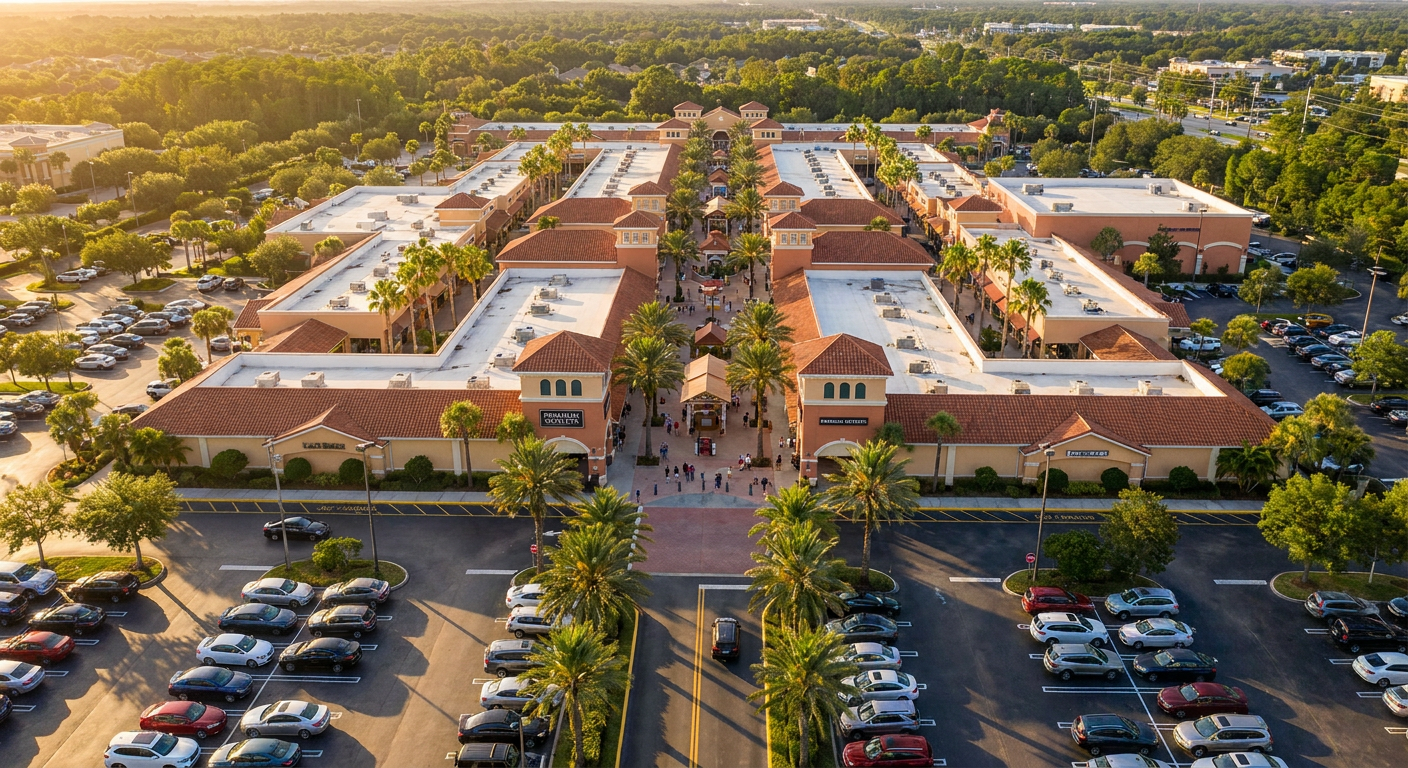 Vista aérea do Premium Outlets International Drive, mostrando a vasta área de compras.
