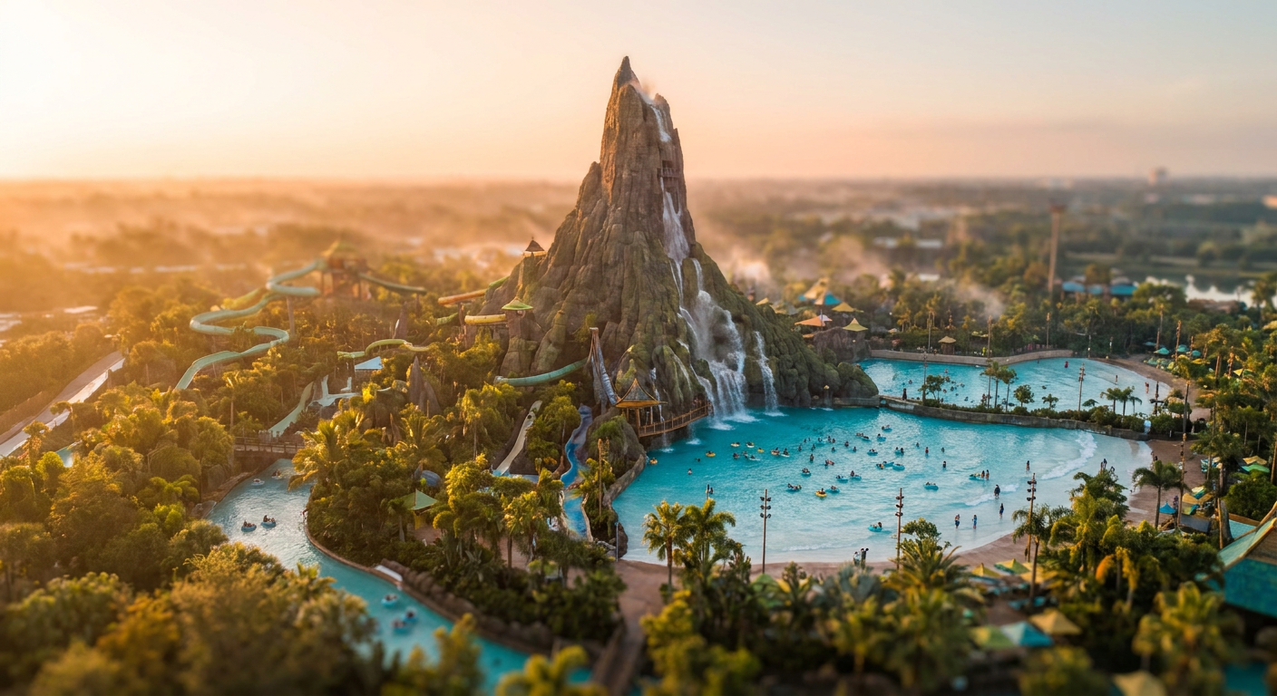 Krakatau, o vulcão ícone de Volcano Bay, atrai aventureiros e oferece vistas espetaculares.