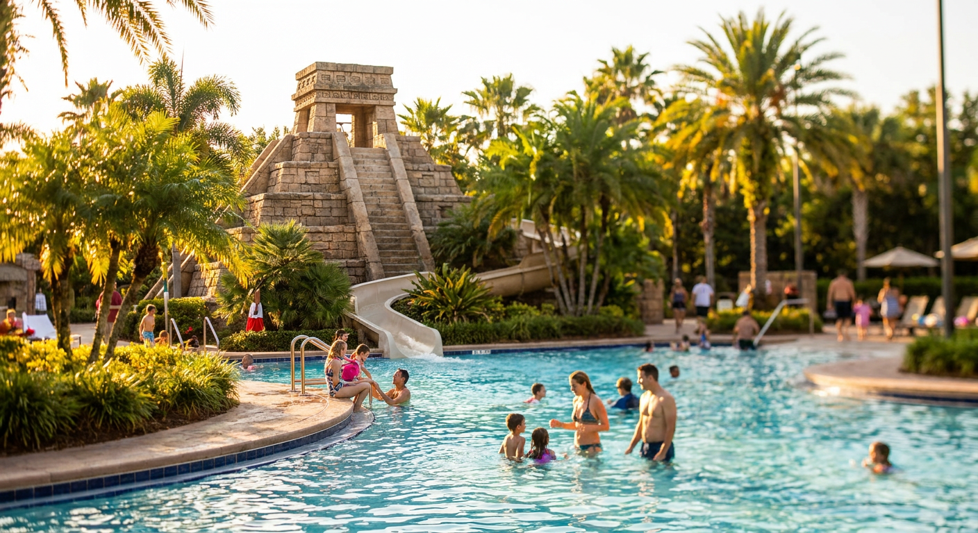 As piscinas temáticas nos hotéis Moderados e Luxuosos são atrações por si só.
