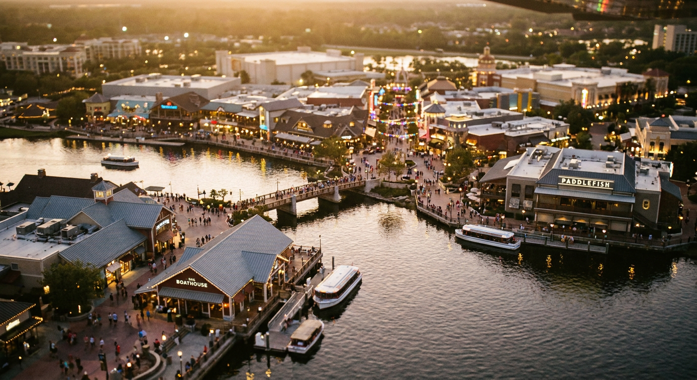 Vista noturna de Disney Springs, um polo gastronômico e de entretenimento.
