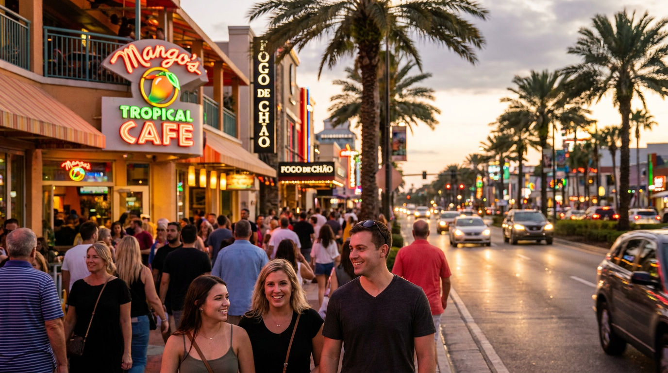 A International Drive à noite, com seus variados restaurantes e luzes vibrantes.