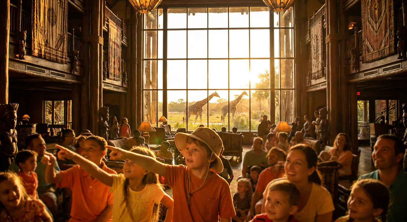 O Animal Kingdom Lodge oferece uma experiência imersiva com animais selvagens visíveis das janelas do quarto e do lobby.