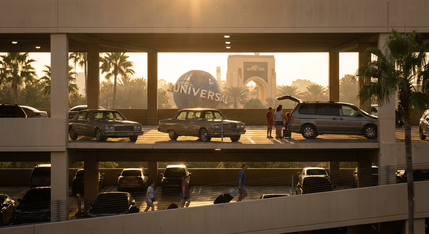 A imponente estrutura de estacionamento da Universal Studios Florida.