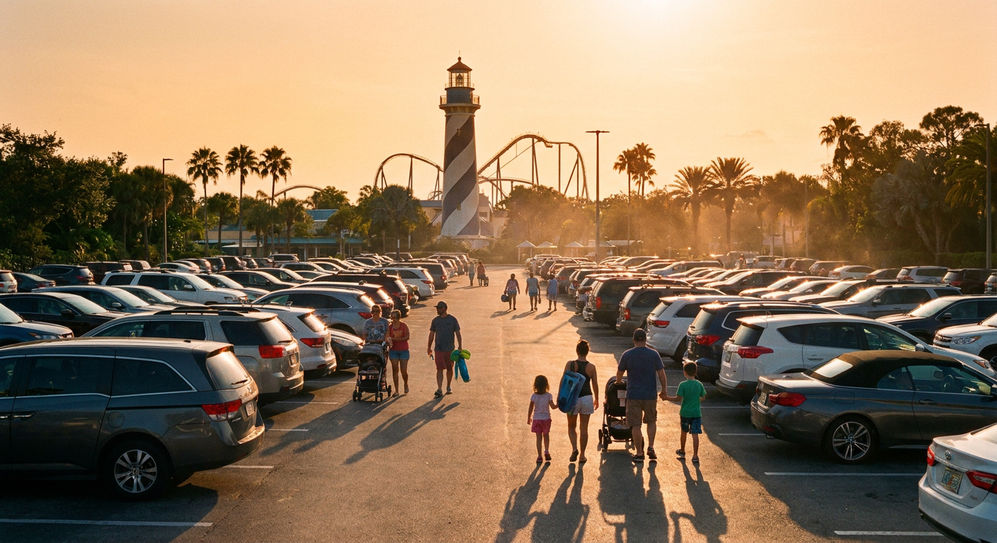 Vasto estacionamento externo do SeaWorld Orlando, com o icônico farol ao fundo.