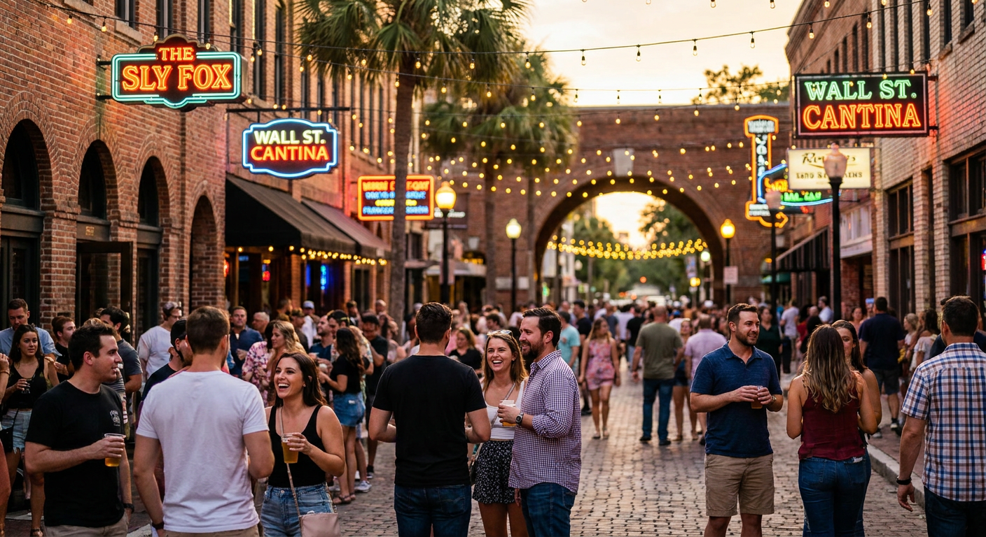 Wall St. Plaza em Downtown Orlando é conhecido por sua energia e diversidade de bares.