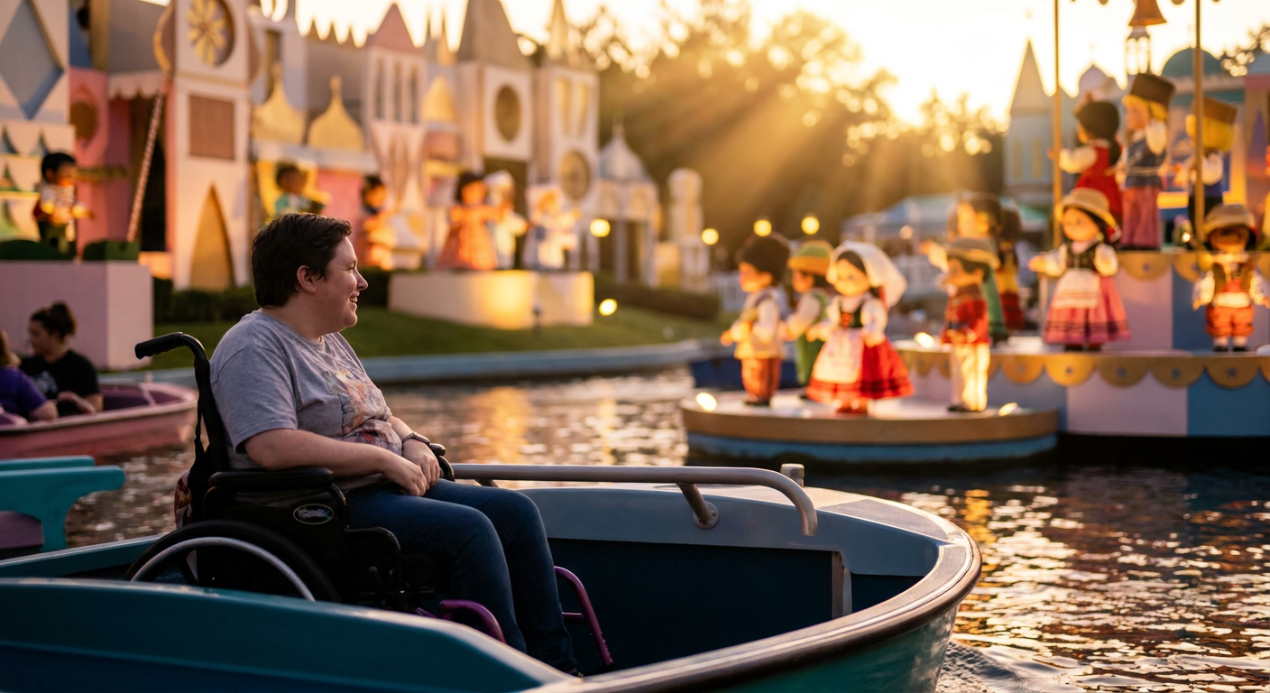 A atração 'it's a small world' é totalmente acessível, permitindo que cadeirantes embarquem diretamente.