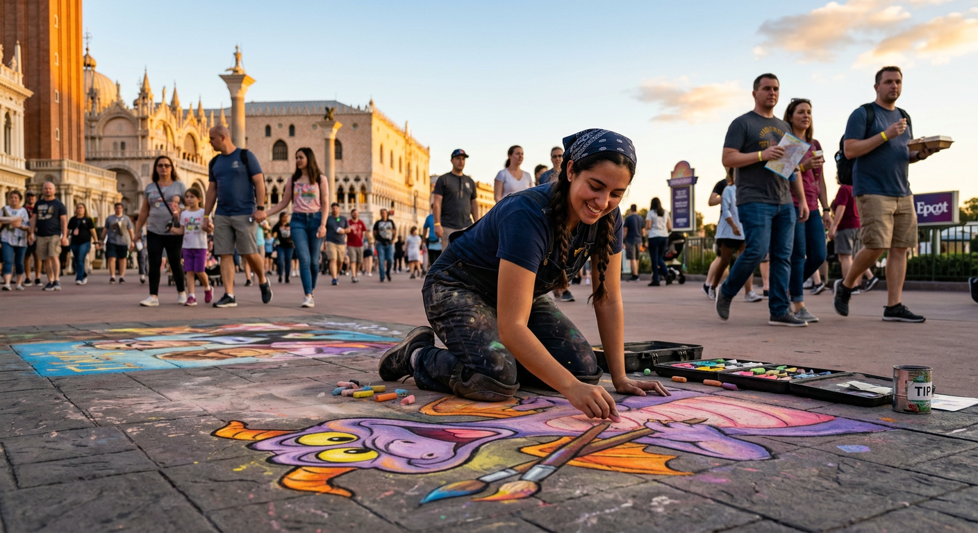 Artista criando uma obra de arte ao vivo durante o Festival das Artes no Epcot.