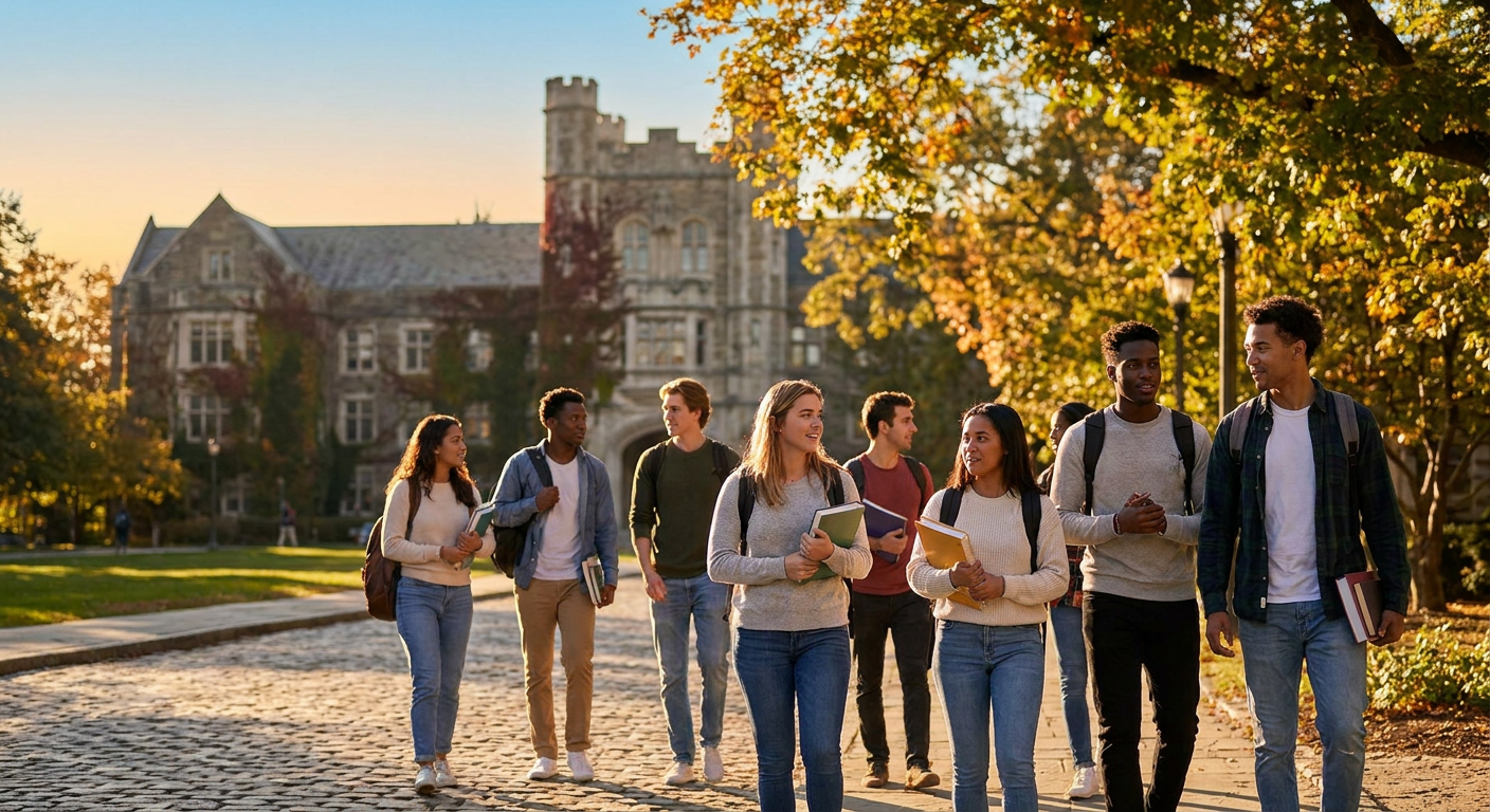 Estudantes internacionais desfrutando da vida universitária em um campus americano.