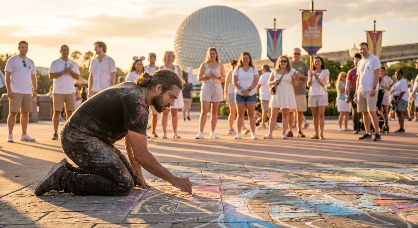 Artista criando uma obra de arte ao vivo durante o Festival das Artes no Epcot.