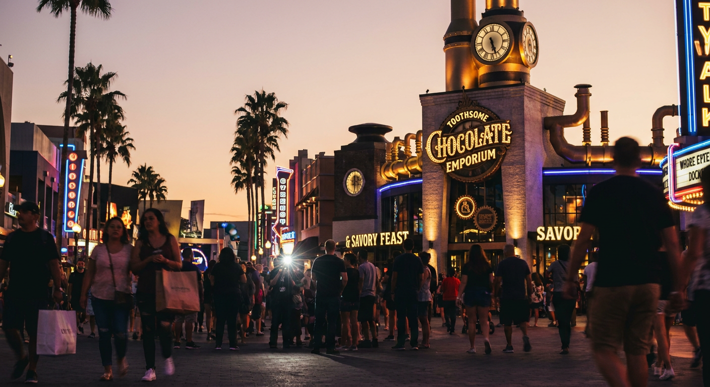 O Universal CityWalk é um centro de entretenimento e oferece opções gastronômicas variadas como o Toothsome Chocolate Emporium.