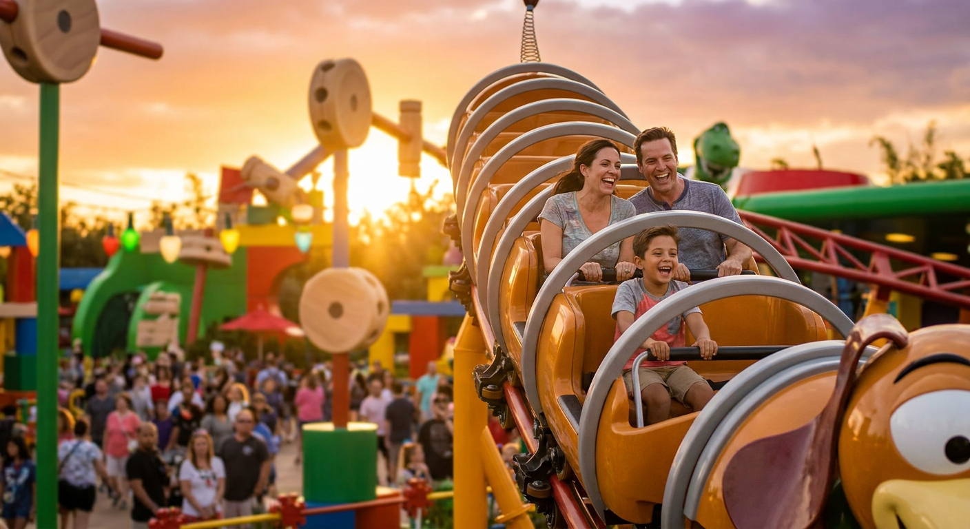 Aproveite atrações emocionantes como a Slinky Dog Dash, mas sempre verifique os tempos de espera.