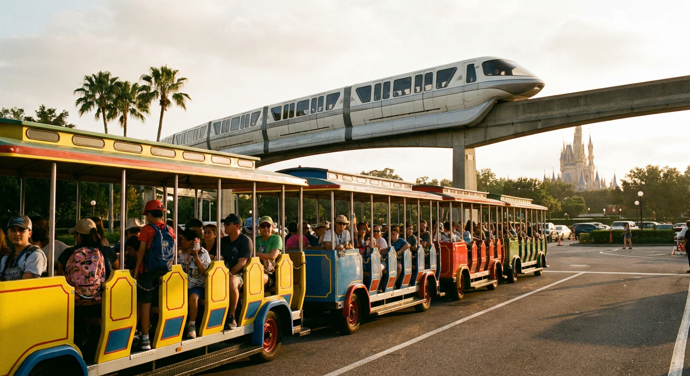 Os trams da Disney facilitam o deslocamento do estacionamento para a entrada dos parques.