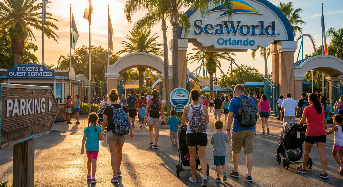 A entrada do SeaWorld Orlando, com suas áreas de bilheteria e acesso para o estacionamento.