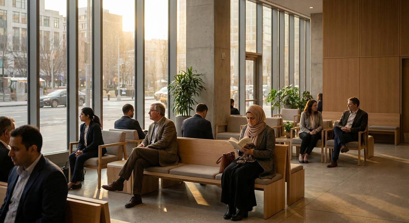Sala de espera da Embaixada/Consulado, um ambiente que exige pontualidade e organização.
