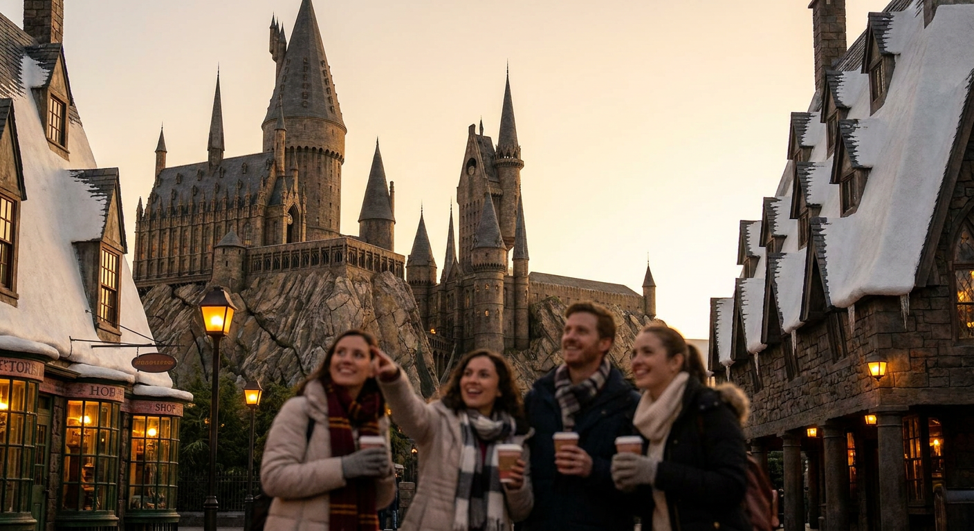 O imponente Castelo de Hogwarts é o destaque de Hogsmeade no Islands of Adventure.