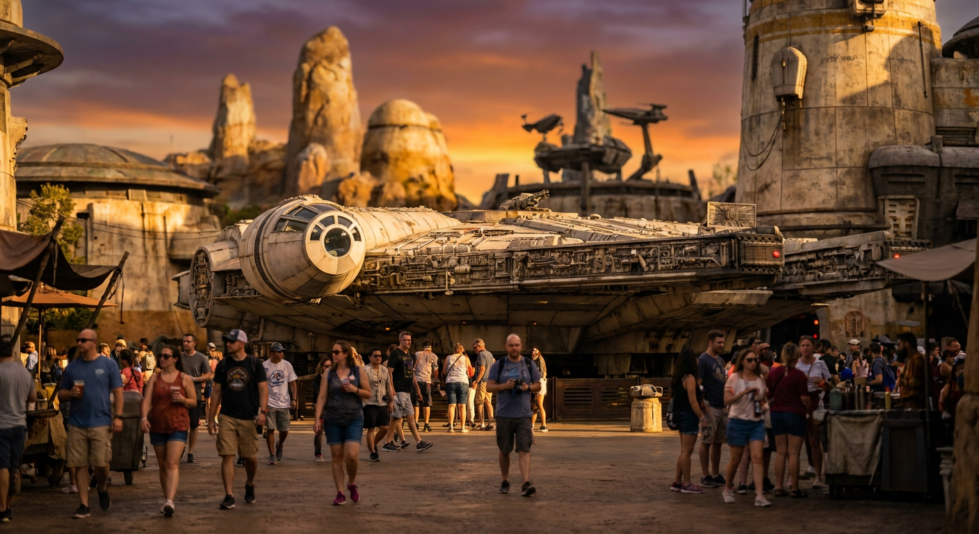 A imponente Millennium Falcon em Star Wars: Galaxy's Edge, um sonho para os fãs da saga.