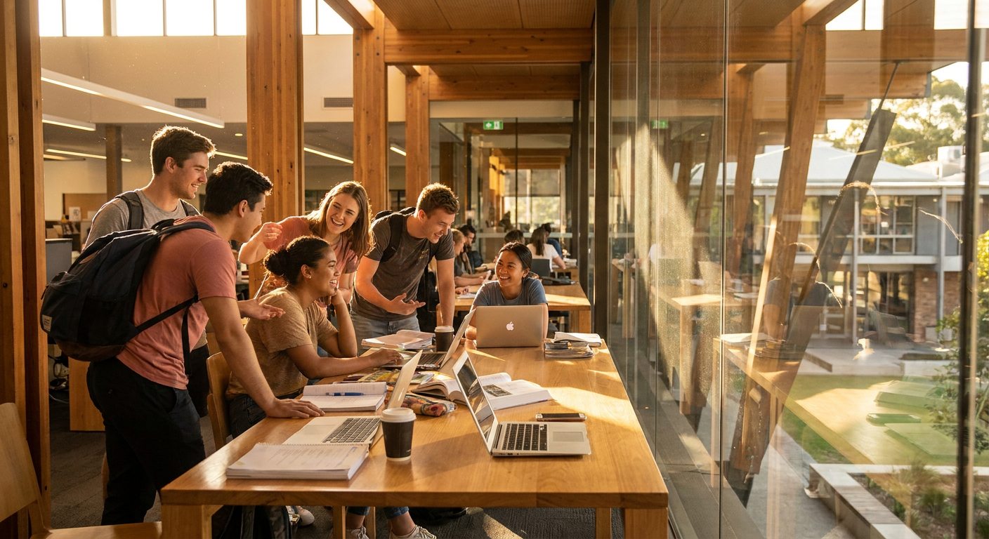 Estudantes internacionais prosperando em uma universidade australiana moderna.