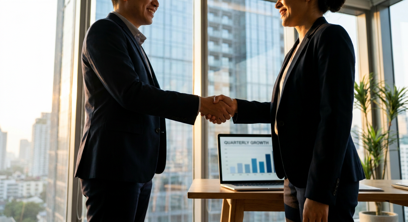 A person in a business suit shaking hands with another person in a modern office setting, with a subtle laptop showing a business presentation in the background