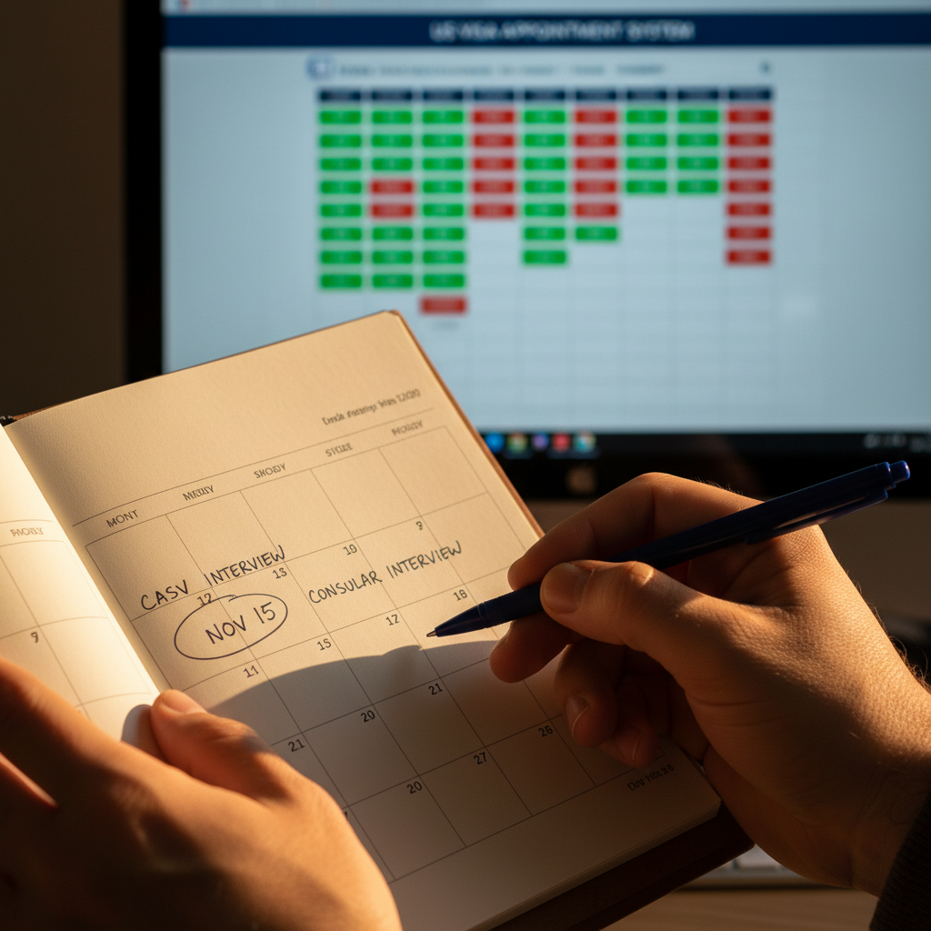 Organize suas datas para o CASV e o Consulado, garantindo tempo hábil entre as etapas.