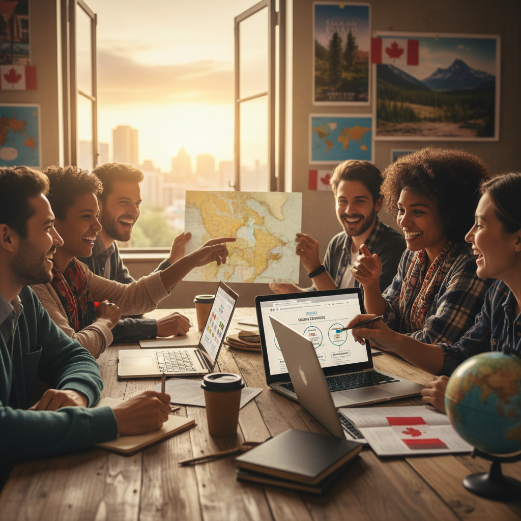 Pessoas diversas planejando suas viagens para o Canadá, utilizando ferramentas digitais para auxiliar no processo de visto.