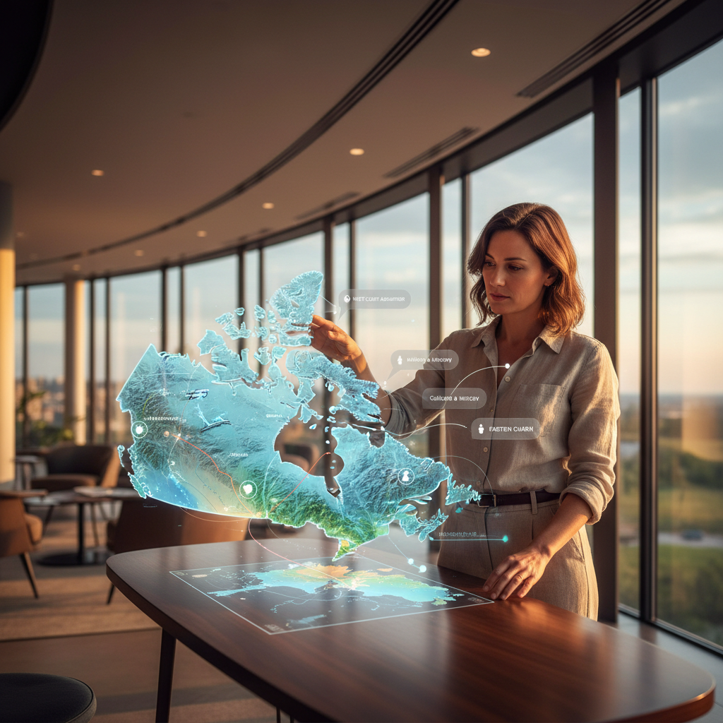 Explorando o Canadá através de um mapa holográfico interativo, personalizando a viagem.