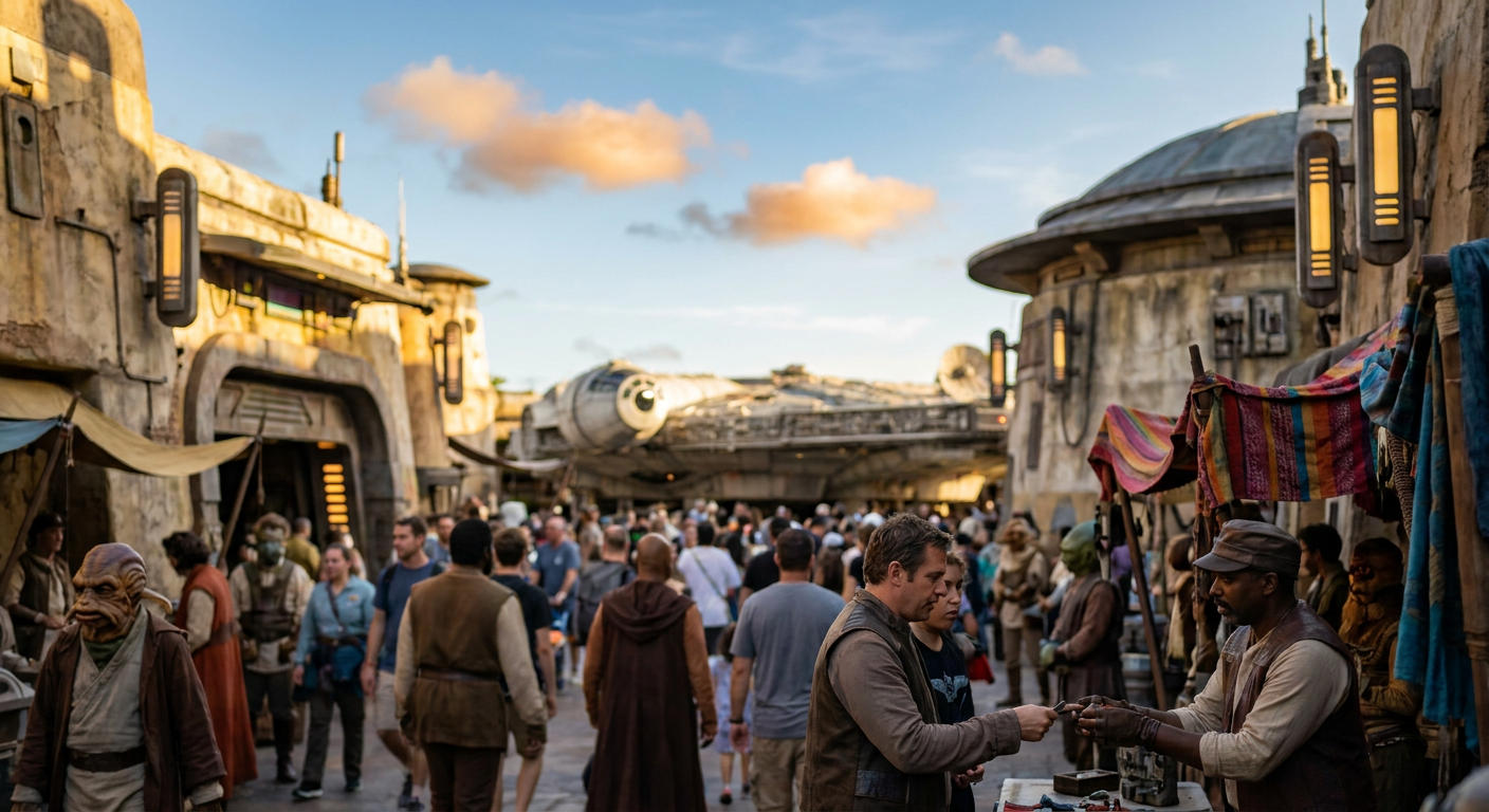 A imersiva paisagem de Star Wars: Galaxy's Edge, onde a fantasia se torna realidade.