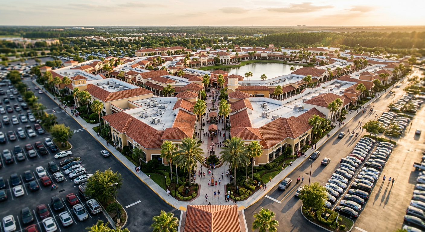 Vista aérea dos Orlando Vineland Premium Outlets, um dos maiores centros de compras da cidade.