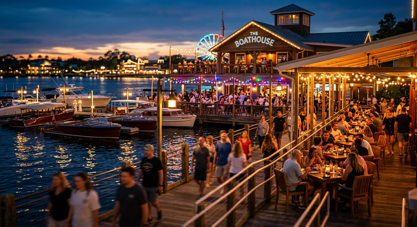 O The BOATHOUSE é um dos restaurantes mais icônicos de Disney Springs, oferecendo não apenas boa comida, mas também a experiência de navegar em carros anfíbios.