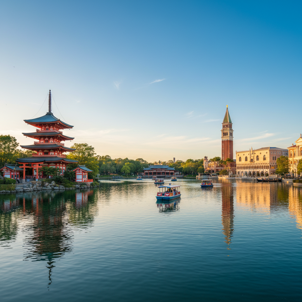Vista deslumbrante da Lagoa do World Showcase, com o pavilhão do Japão à esquerda e da Itália à direita.