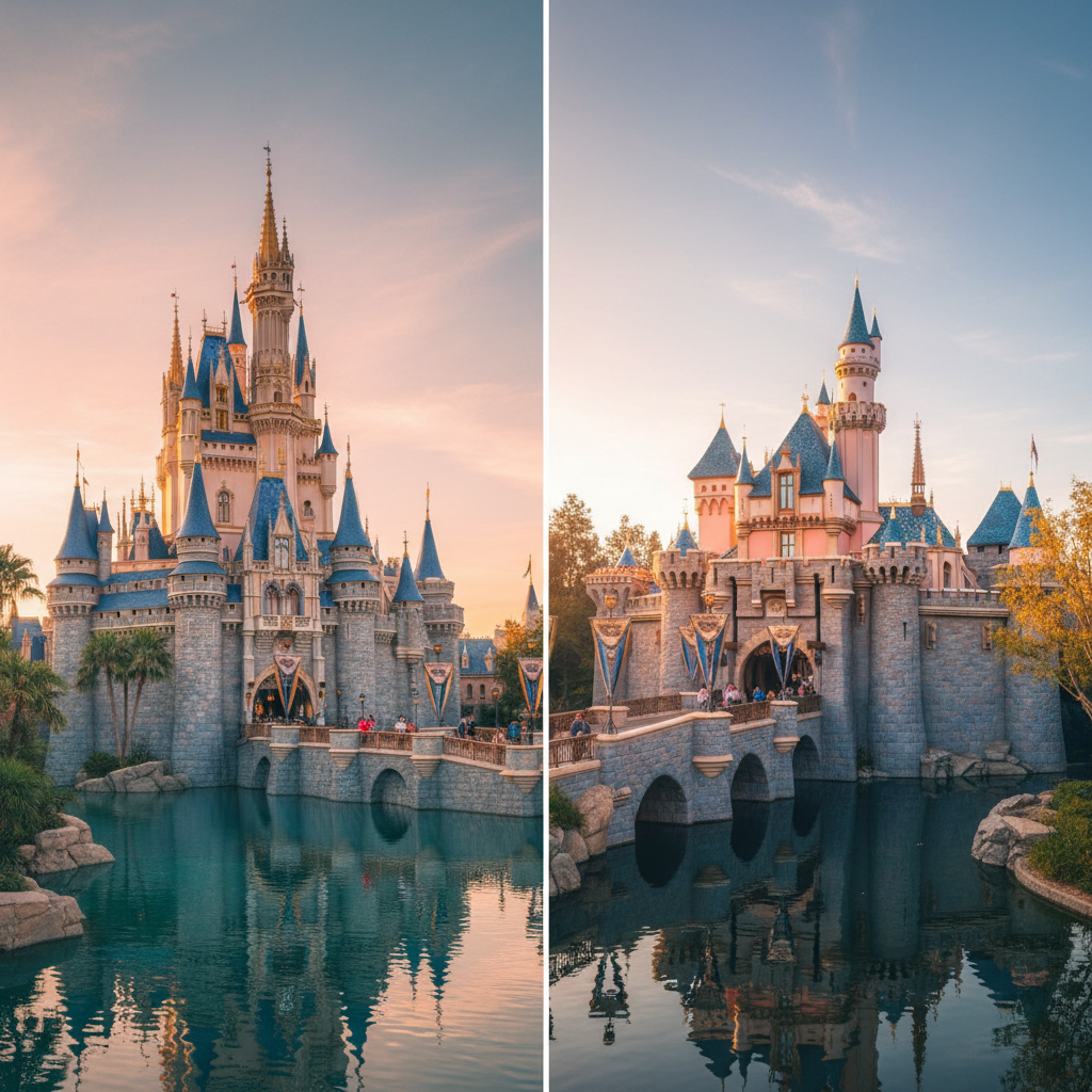 O majestoso Castelo da Cinderela no Magic Kingdom (Orlando) e o clássico Castelo da Bela Adormecida (Califórnia).