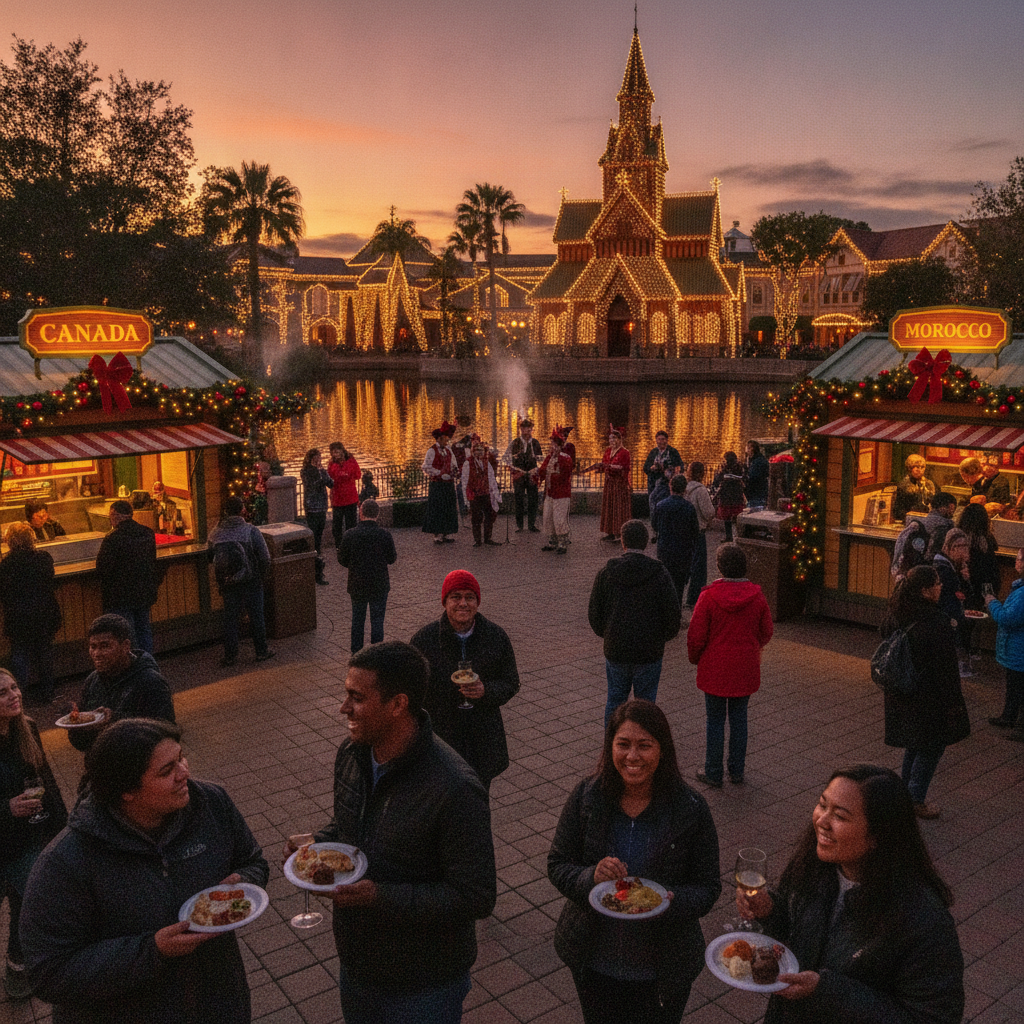 Decorações natalinas e barracas com comidas típicas de Natal no World Showcase do Epcot.