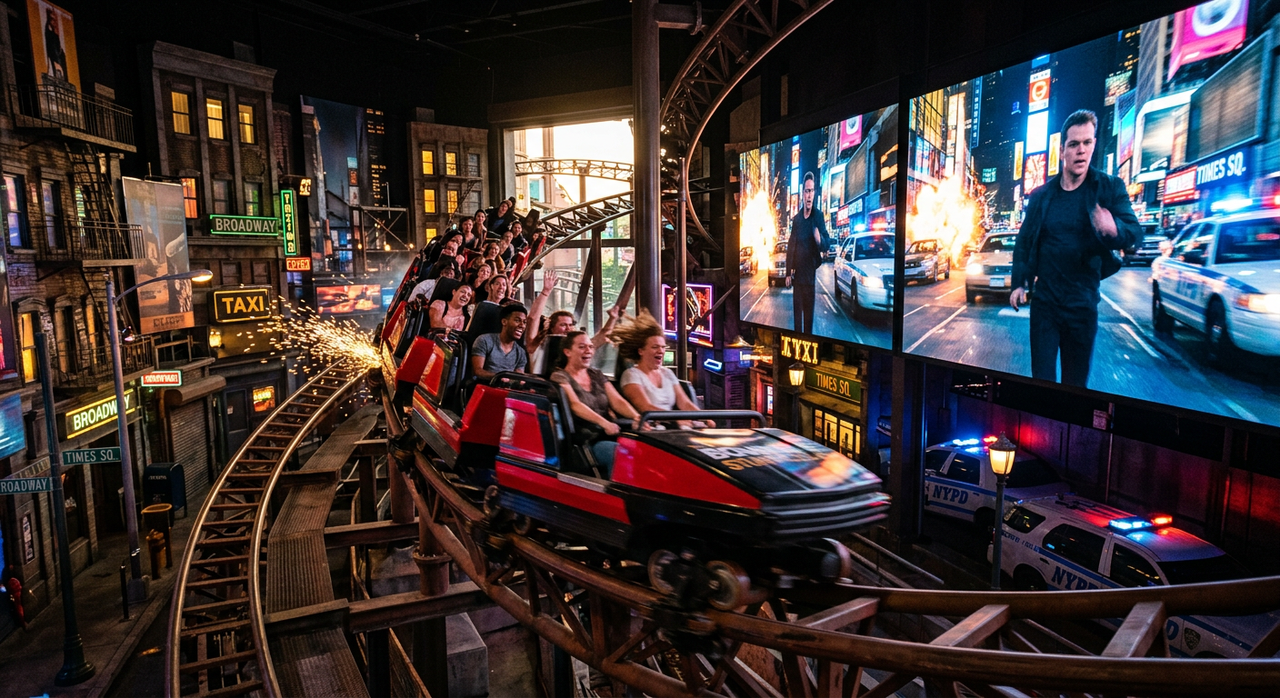 Aventura imersiva em uma das atrações que simulam cenários de cinema no Universal Studios Florida.