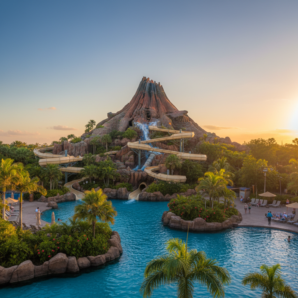 O imponente vulcão Krakatau, o coração do Universal Volcano Bay.